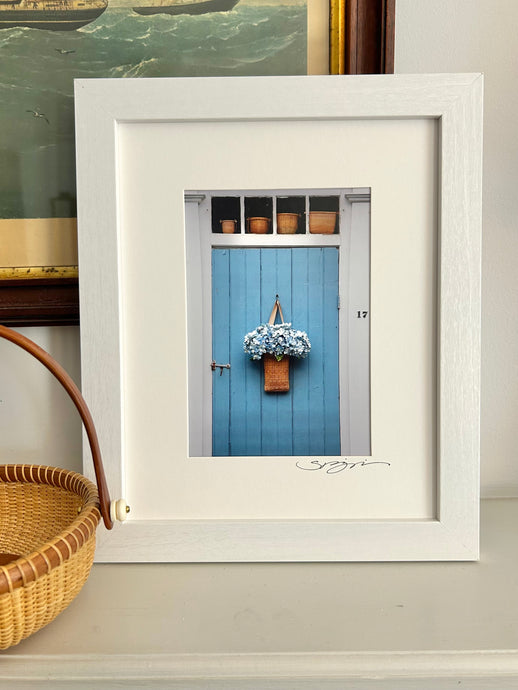 “Nantucket Hydrangeas on a Blue Door” Medium Framed Print