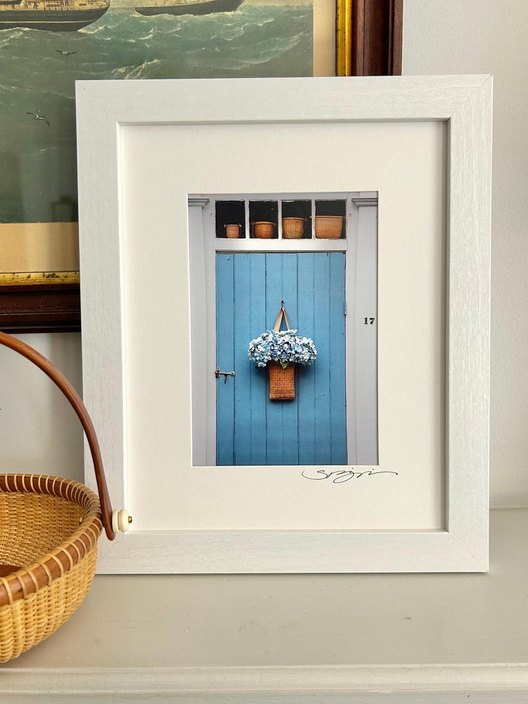 “Nantucket Hydrangeas on a Blue Door” Medium Framed Print