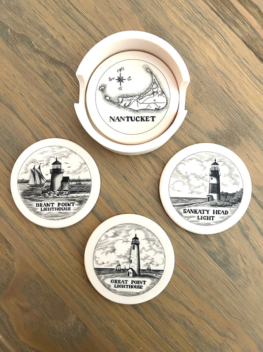 Nantucket Island and Lighthouses Scrimshaw Coaster Set