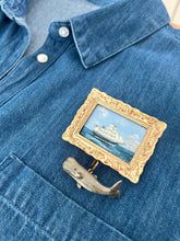 Gold Framed Seascape Ship Painting & Whale Brooch Pin