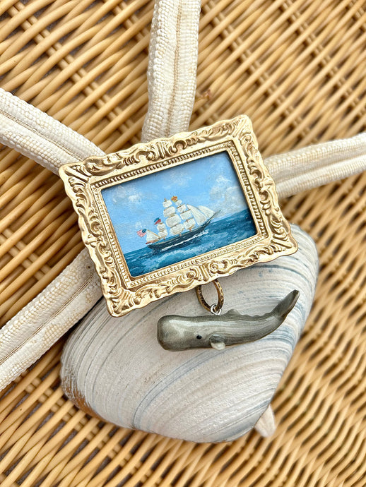 Gold Framed Seascape Ship Painting & Whale Brooch Pin
