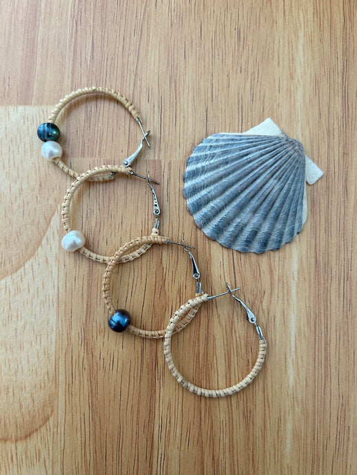 Nantucket Lightship Basket Woven White & Grey Fresh Water Pearl Earrings