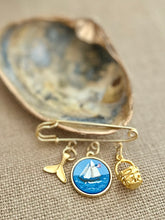 Gold Whale Tail / Hand-Painted Ship Charm / Golden Basket Brooch Pin