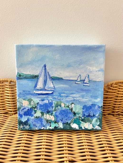 Blue Hydrangeas By The Sea Mini Painting