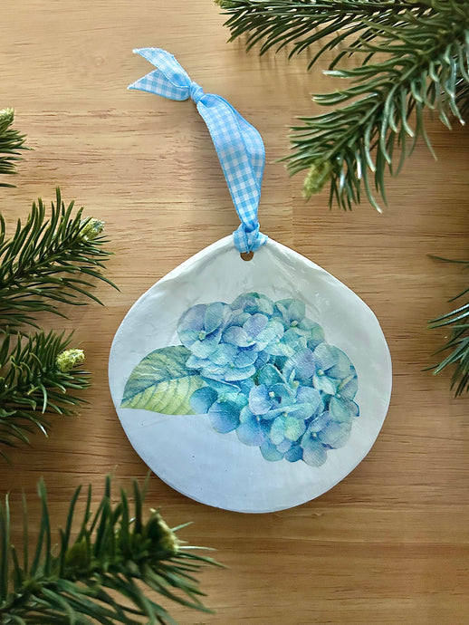Powder Blue Hydrangea Sea Scallop Ornament