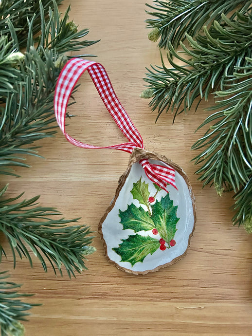 Holly & Berries Oyster Shell Gilded Ornament