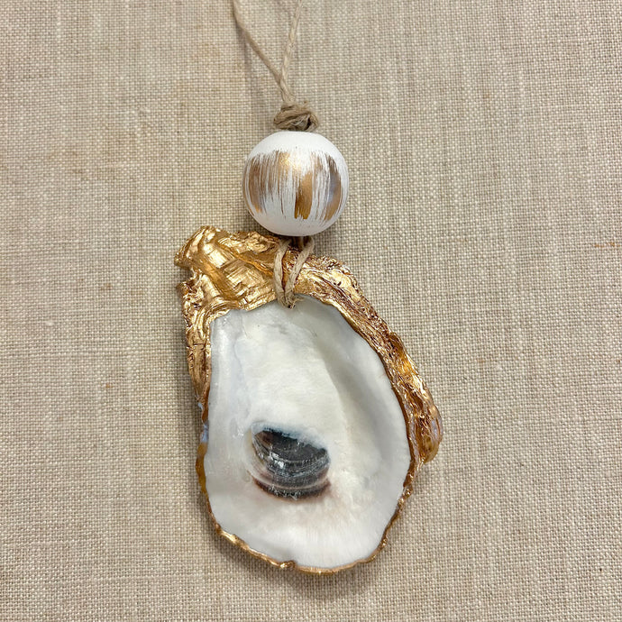 White & Brushed Gold Beaded Gilded Oyster Ornament