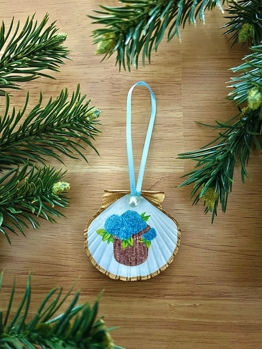 Scallop Shell Nantucket Lightship Blue Hydrangea Basket Ornament