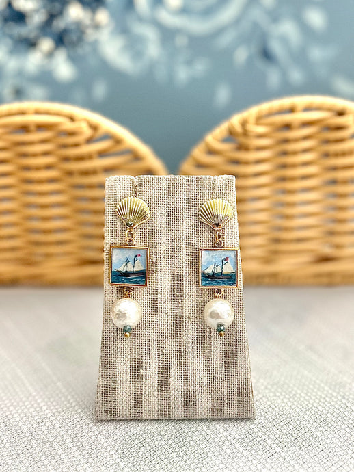 Gold Scallop & Pearl Ship Painting Earrings