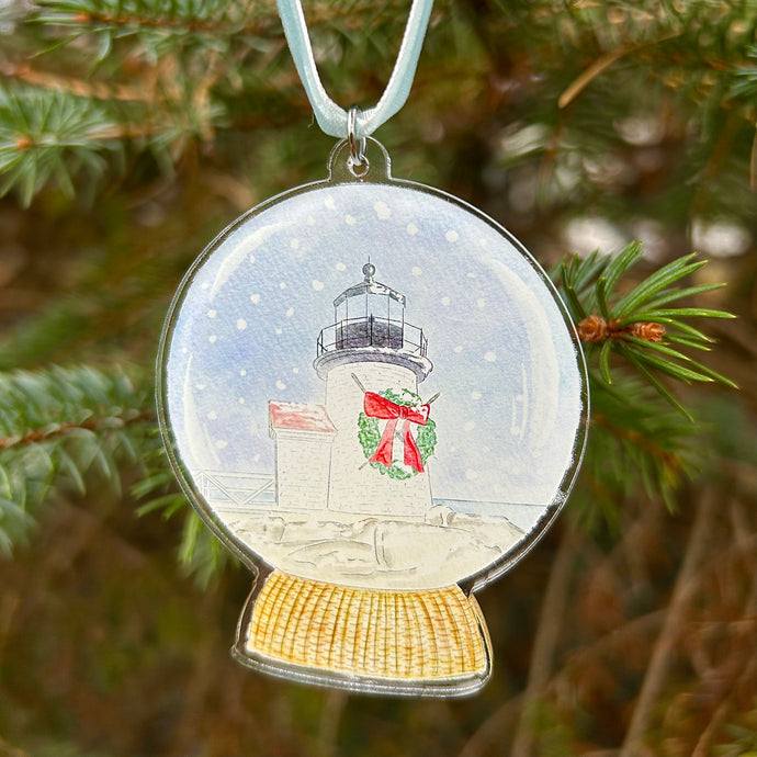 Brant Point for the Holidays Snow Globe Watercolor Ornament