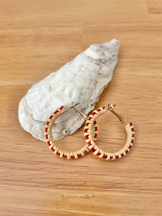 Red & Natural Nantucket Lightship Basket Woven Earrings