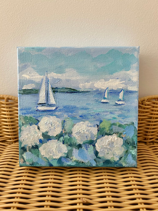 White Hydrangeas By The Sea Mini Painting
