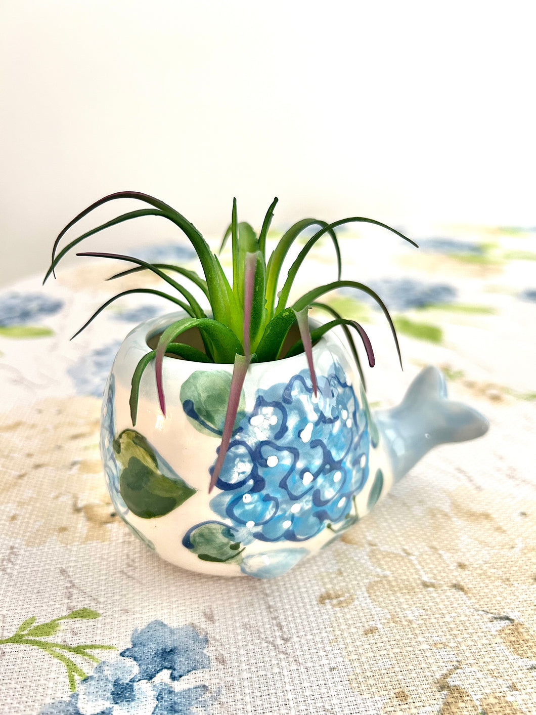 NEW! Blue Hydrangeas Spouting Whale Planter with Faux Succulent