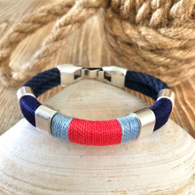 Navy, Chambray, Coral & Silver Striped Bracelet