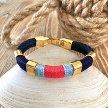 Navy, Chambray, Coral & Gold Striped Bracelet
